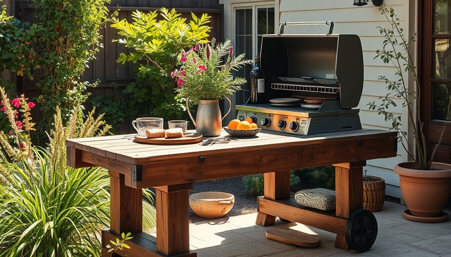 DIY grill table on patio with BBQ setup and garden backdrop.