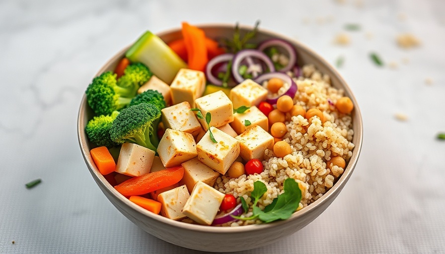 Colorful vegan bowl for treating fatty liver disease with broccoli, quinoa, tofu.