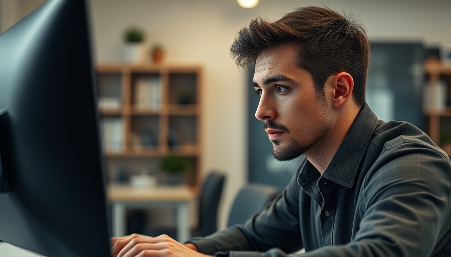 Thoughtful young man focused on sales forecasting in a modern office.