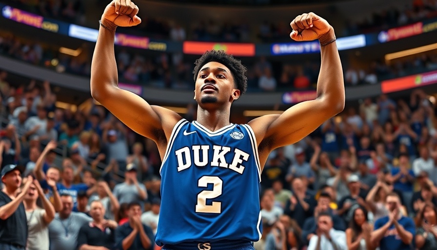NBA draft lottery prospect raising arms confidently in Duke jersey.