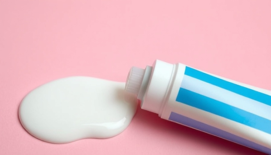 Close-up of toothpaste tube with striped paste on pink surface.