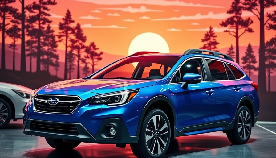 Blue Subaru Outback in a stylized sunset automotive exhibit.