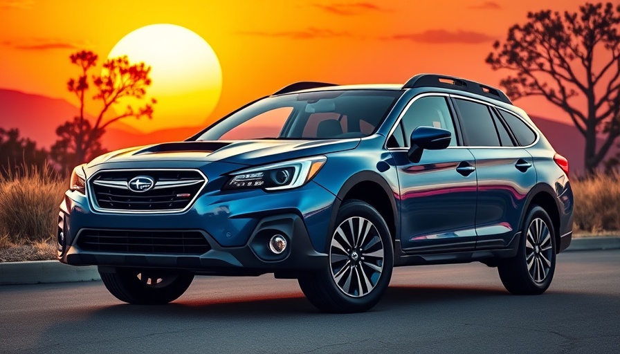 Blue Subaru Outback with sunset backdrop artwork.