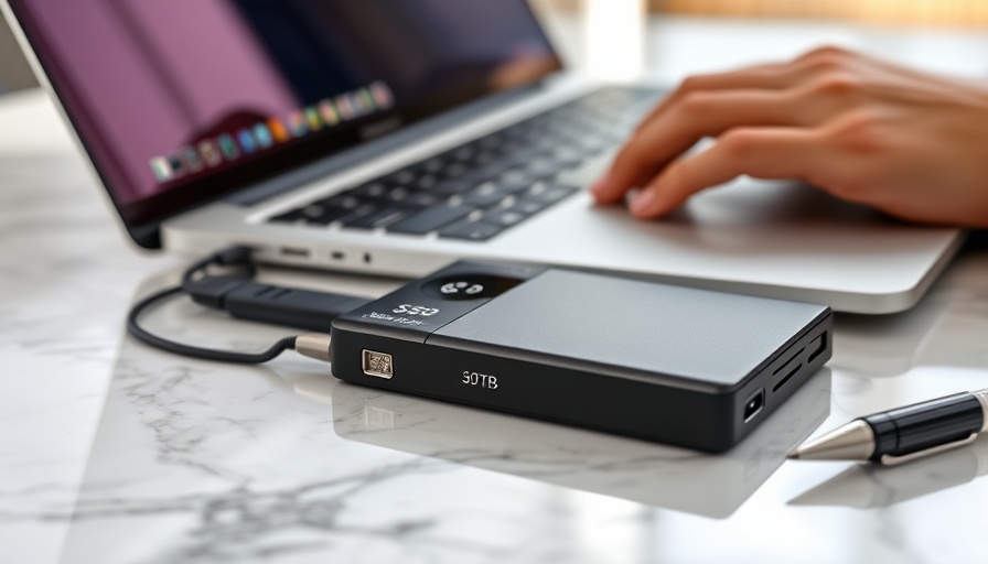 30.72TB external SSD connected to a laptop on marble desk.