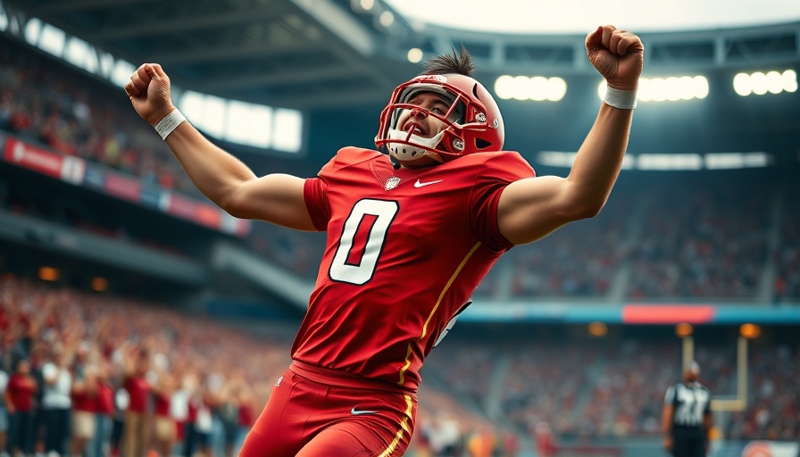 49ers player celebrating on the field, energetic pose.