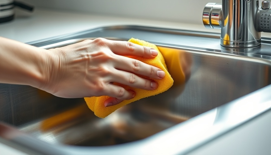 Hand polishing a stainless steel sink with a sponge.