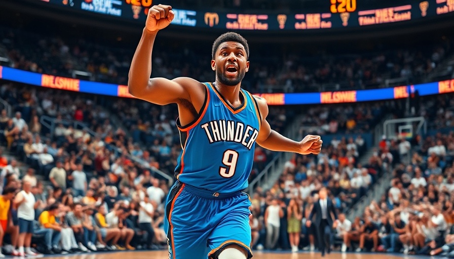 Oklahoma City Thunder player celebrating playoff success mid-court.