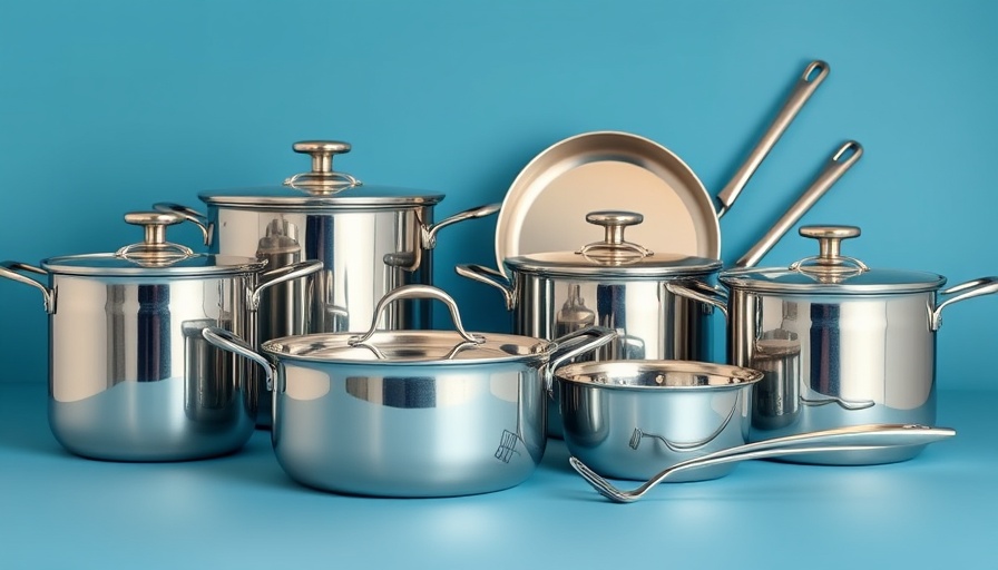 Shiny stainless steel cookware set on blue background.