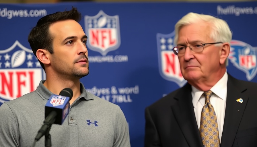 Man speaking at press conference with NFL logo in background.