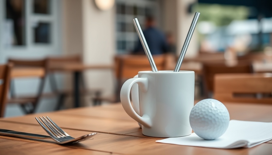 Unique coffee mug with a golf ball in outdoor cafe setting.