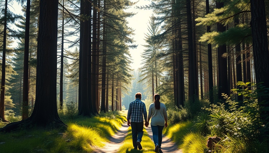 Two people strolling in a serene sunlit forest path, embracing freedom from tech overload.
