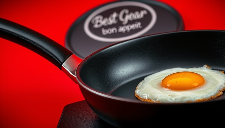Best Nonstick Pans 2025 with a fried egg set on a glossy black pan, against a red background.