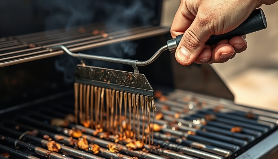 Using wire grill brush safely cleaning barbecue grill.