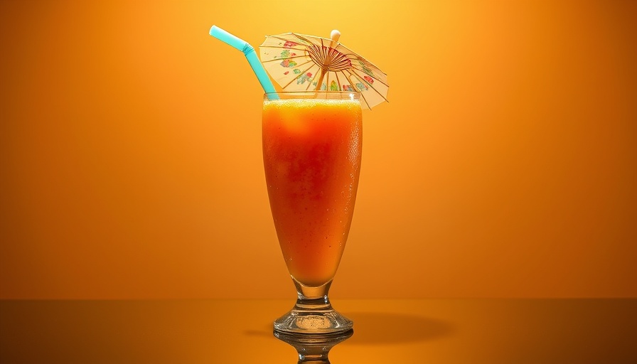 Vibrant frozen cocktail with umbrella and straw on beige background.