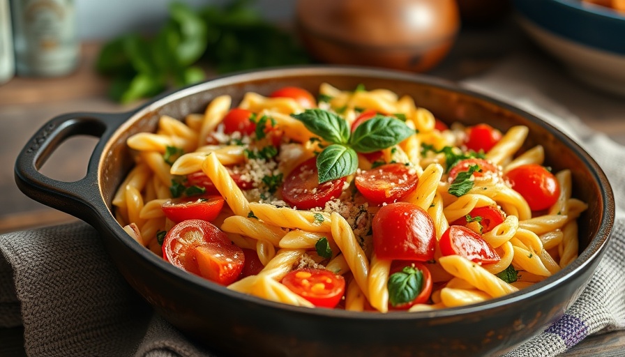 Delicious pasta salad in skillet on textured cloth, kitchen sales inspiration.