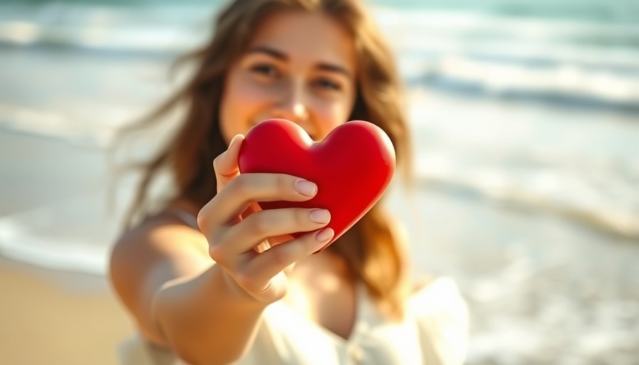 Person holding a red heart with beach background, symbolizing wise engagement with the world.