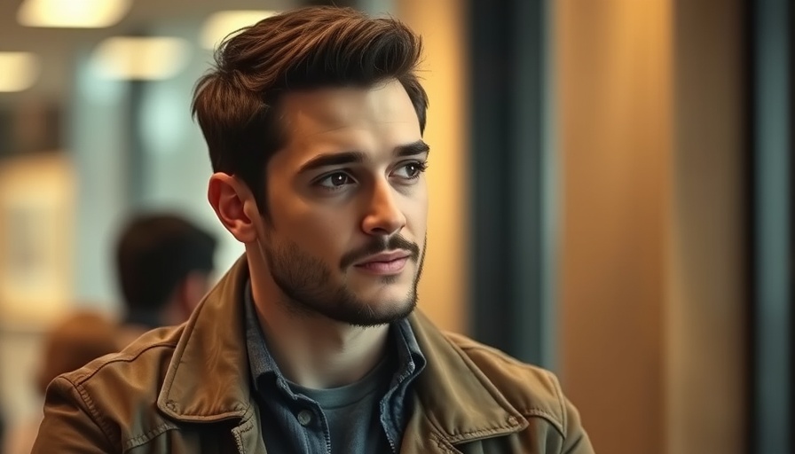 Young man in stylish jacket, engaged in conversation.