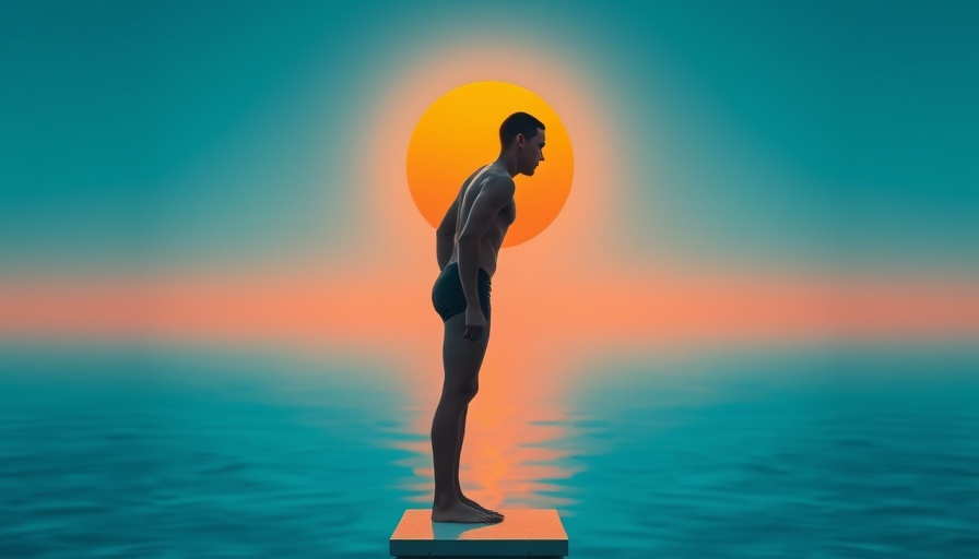 Minimalistic swimmer poised on diving board at sunset, embodying the time and place for suck it up.