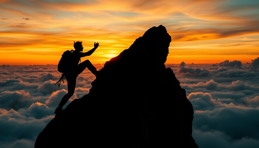 Climber silhouette at sunset, symbolizing staying present through difficult times.
