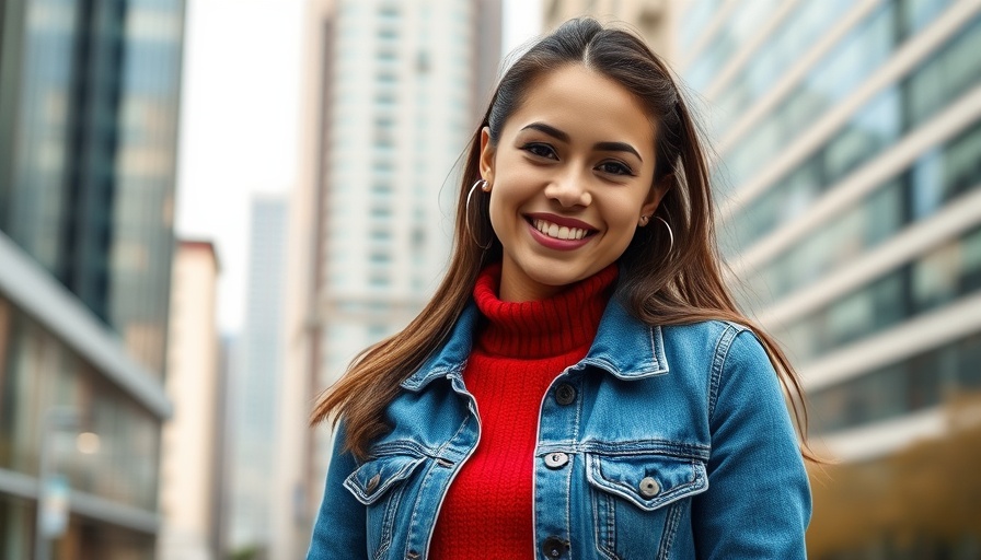 Confident woman in denim with city backdrop, Native American Entrepreneurs.