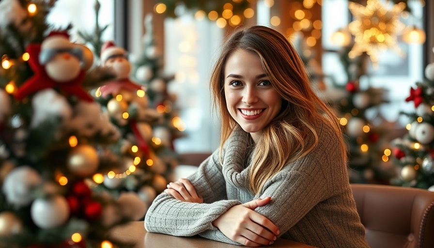 Young woman enjoying a festive holiday setting with Christmas trees.