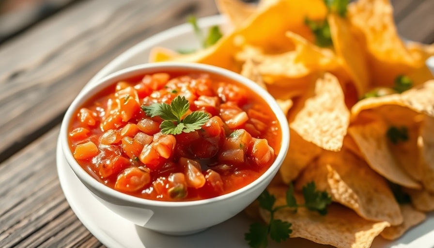Easy Tomato Salsa Recipe with tortilla chips on a white plate.