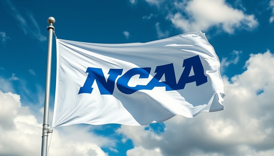 NCAA flag waving in cloudy sky; House v. NCAA Settlement