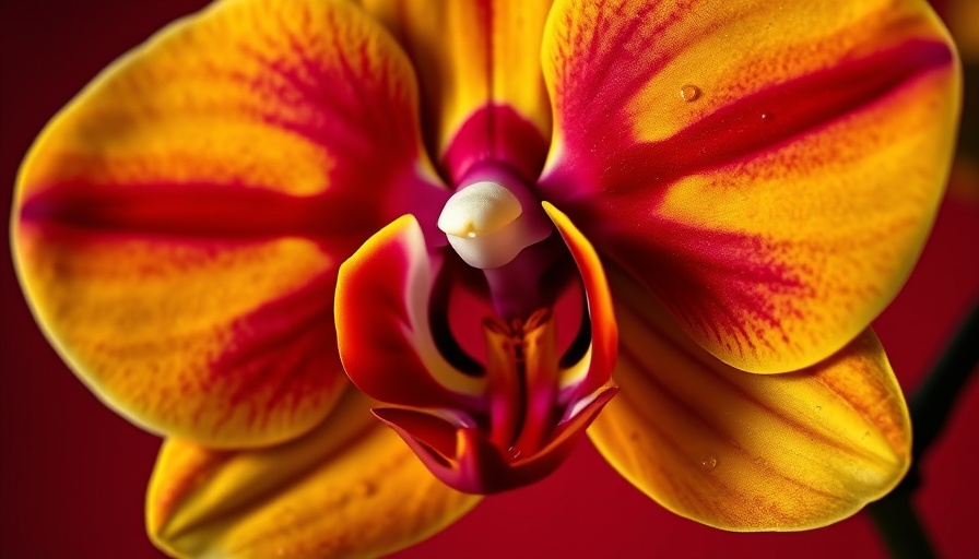 Close-up of a vibrant orchid with droplets against a red background.