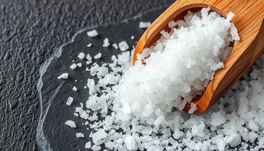 Coarse salt crystals overflowing wooden scoop on slate surface.