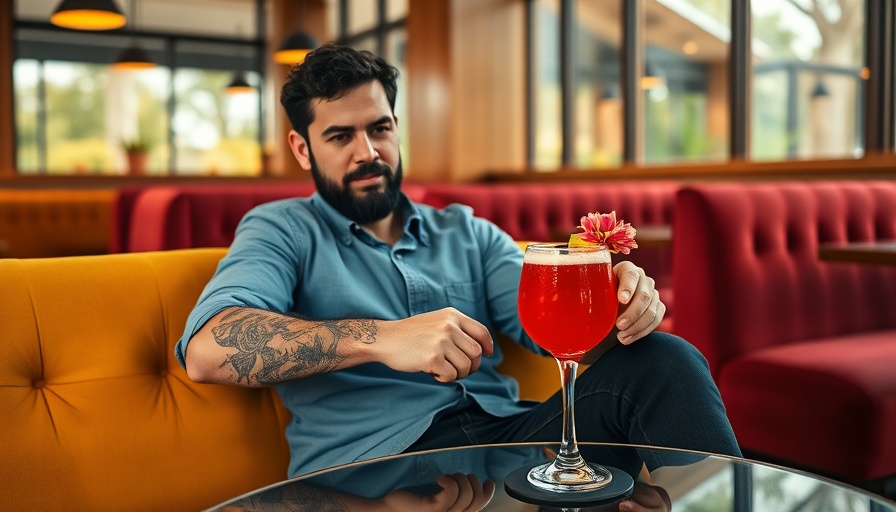 Manny Gomez KC cocktail scene with a bearded man and drink.