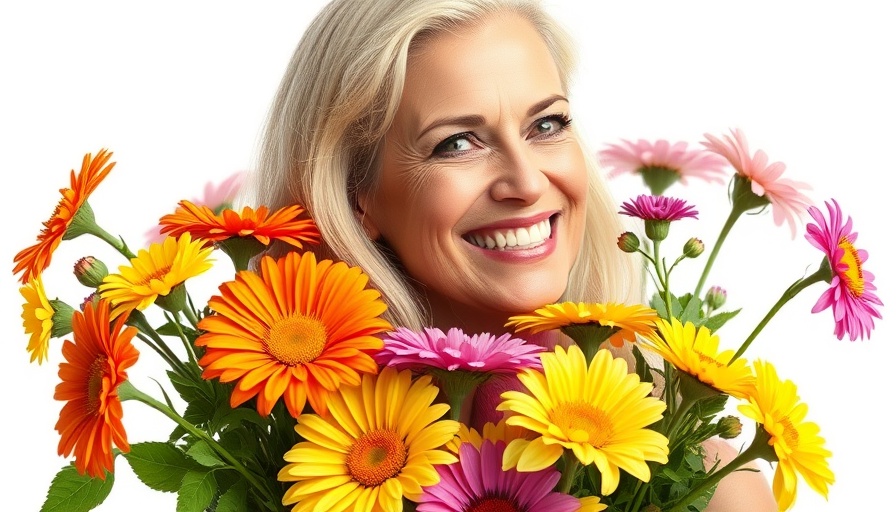 Woman smiling with bright flowers in a lively expression.