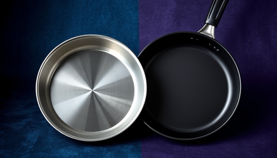 Comparison of carbon steel pan vs nonstick cookware on split background.