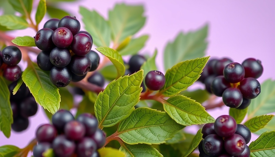 Elderberries with leaves on purple background for colds and flu remedies.