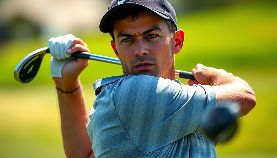 U.S. Open leaderboard moment: focused golfer mid-swing on green course.