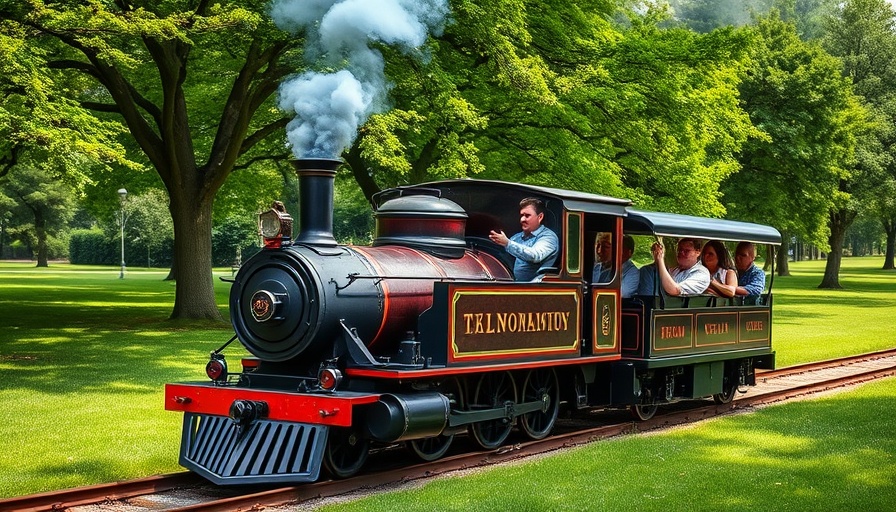 Northland’s miniature railroad steam locomotive in a green park.