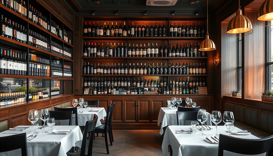 Cru Bistro and Bottles wine bistro interior with bottles and tables.