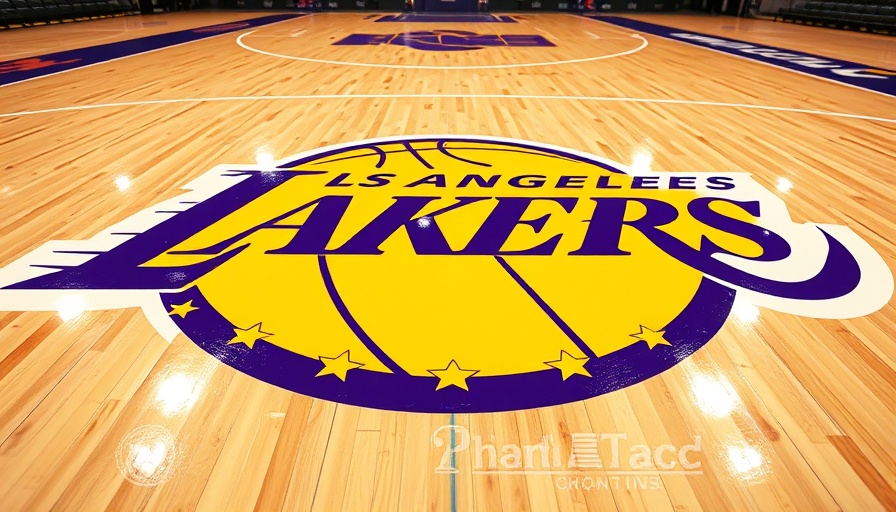 Los Angeles Lakers court logo marking championship years.