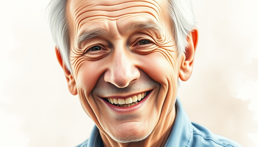 Elderly man smiling warmly in a watercolor portrait, Fred Broski broadcaster.