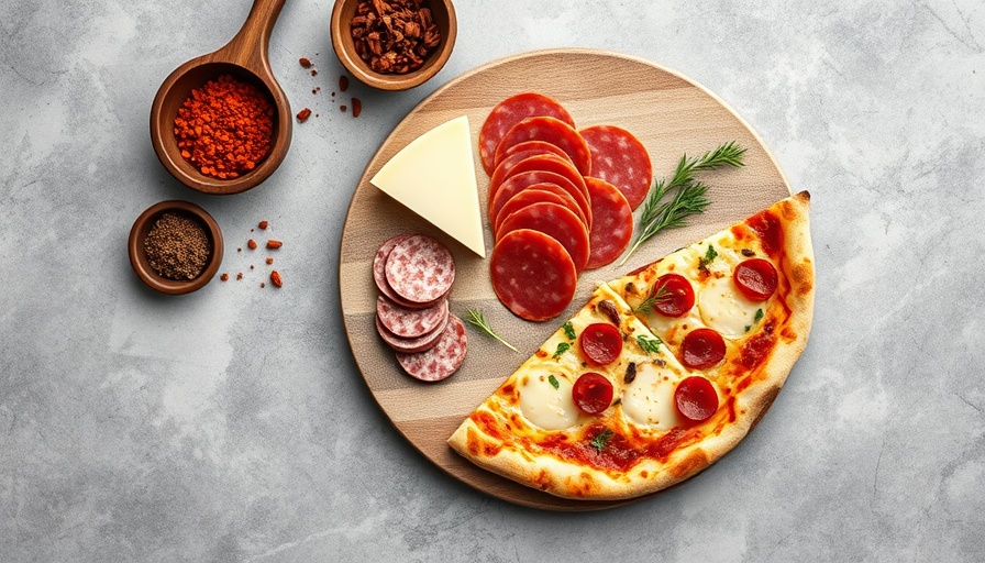 Charcuterie board with cheese and salami surrounded by ingredients on a gray background.