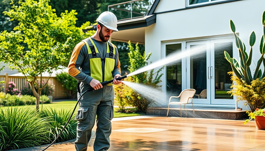 Man uses pressure washer to clean patio beside modern house.
