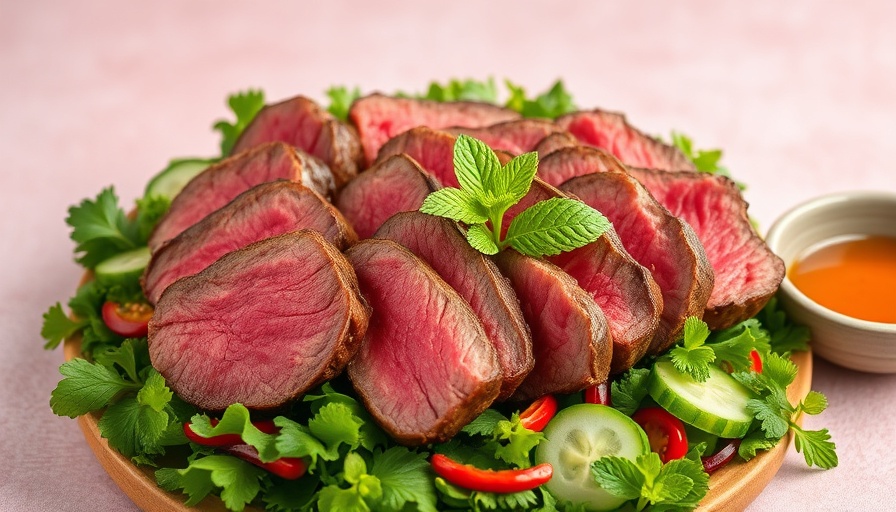 Hearty steak salad with greens, cucumbers, and chili on a pink surface.