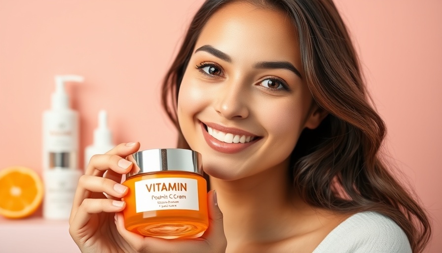 Young woman holding vitamin C cream against a colorful background