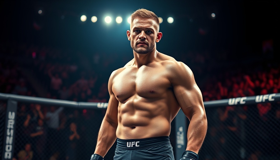 Muscular UFC fighter in octagon during intense match, dimly lit arena.