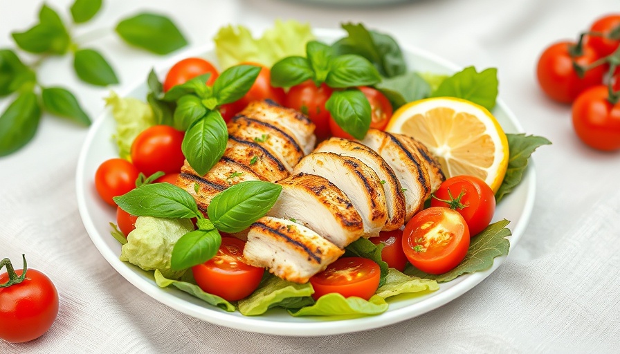 Healthy summer dinner of grilled chicken salad with tomatoes and corn.