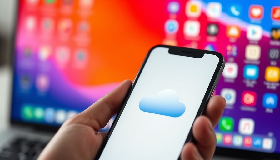 Hand holding smartphone with iCloud logo, blurred laptop in background, Apple iCloud outage.