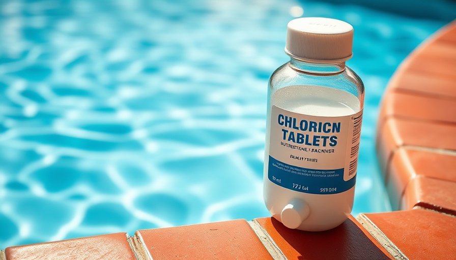 Chlorine tablets for pool maintenance next to a dispenser by a clear blue pool.
