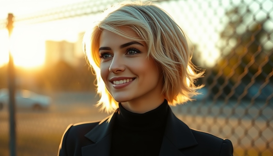 Stylish woman with short blonde hair outdoors in warm sunlight.