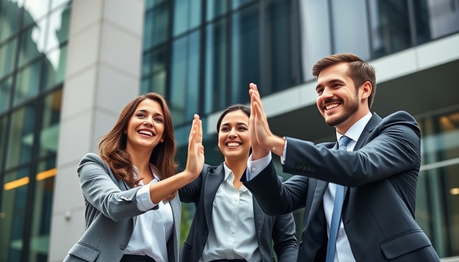Three business professionals celebrate success with a joyful high-five.