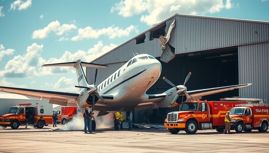 Beechcraft King Air crash into hangar with emergency vehicles.