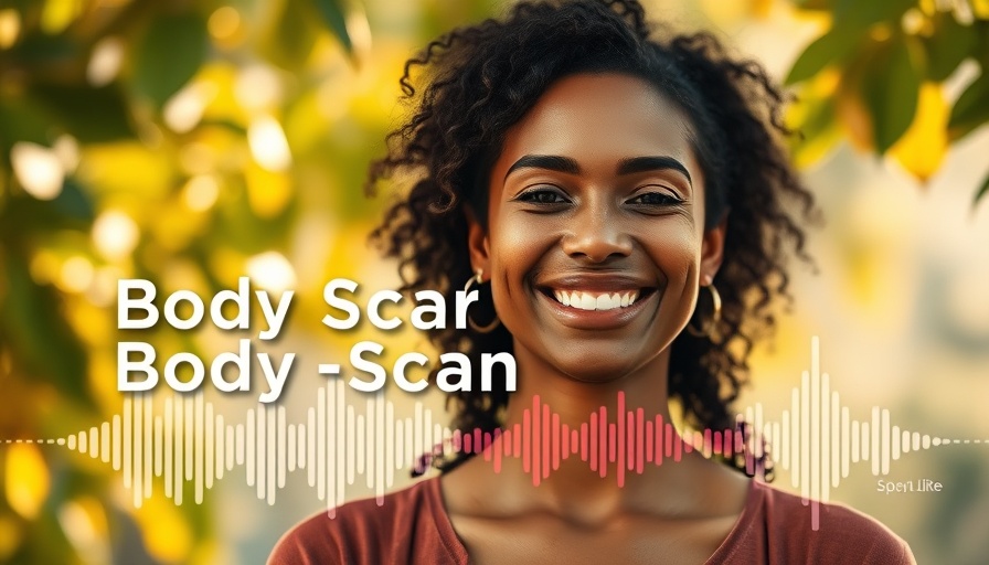 10-minute body scan meditation poster with smiling woman and text.
